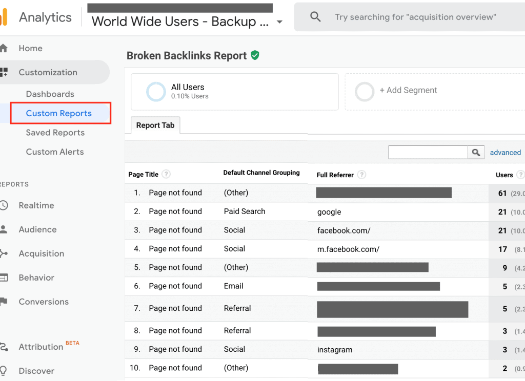 Broken Links Report in Google Analytics