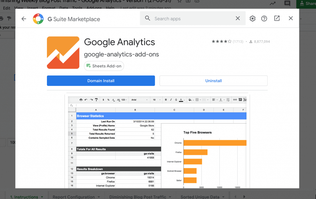 Install the Google Analytics for Spreadsheet Add-on