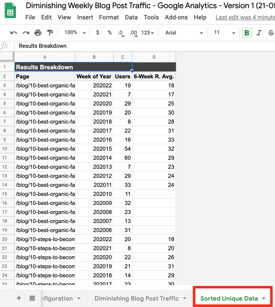 This sheet will sort, filter and create a 6 week rolling average